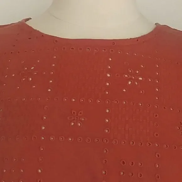 Madewell Women's Per Se Eyelet Top Cotton Rust Color Cap Sleeves Elastic… - Picture 3 of 13